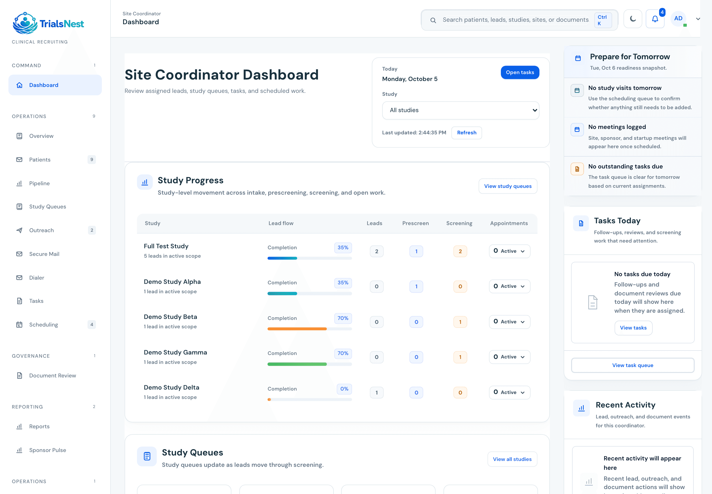 Example TrialsNest platform workspace using sample data.