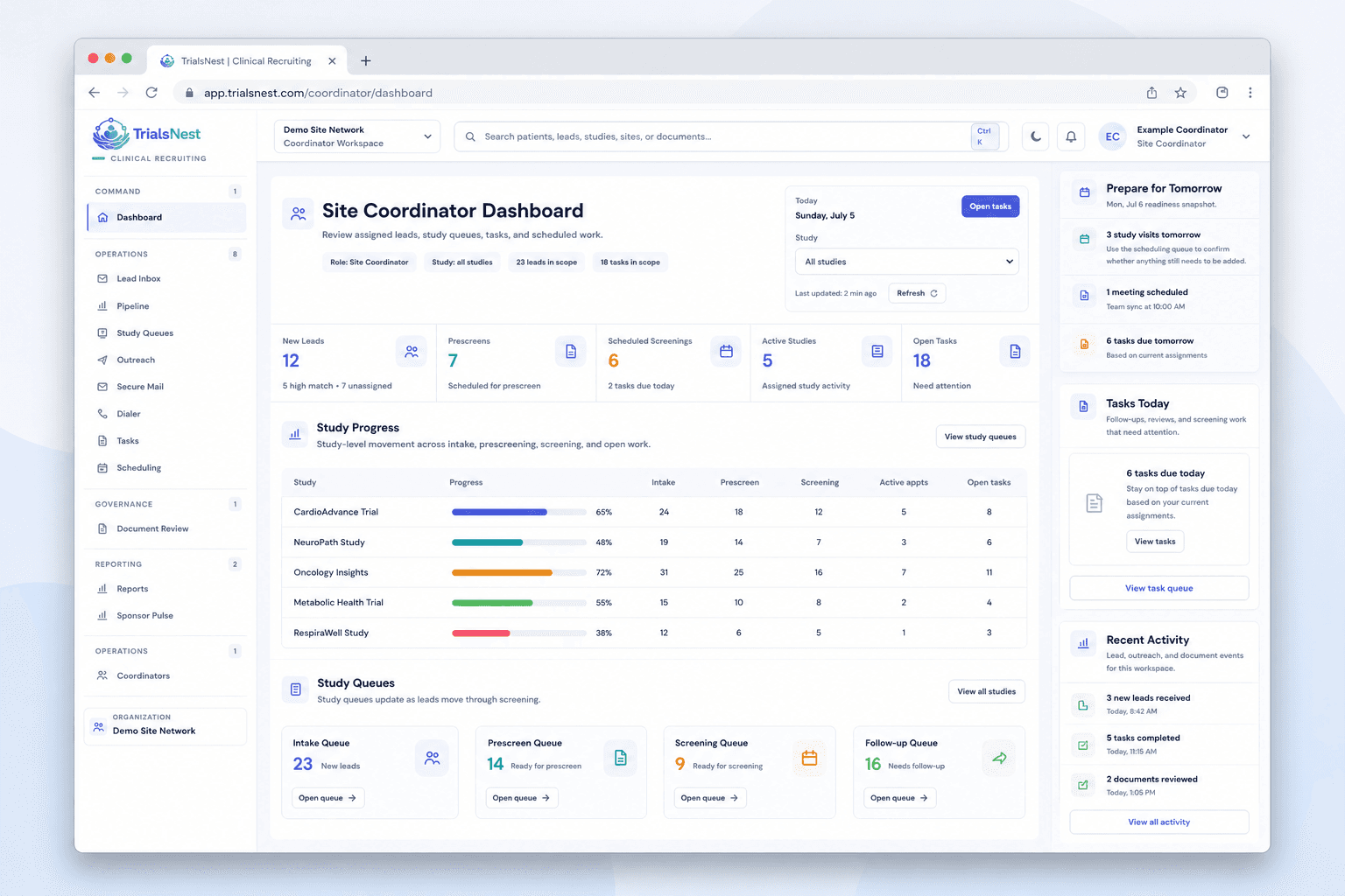 TrialsNest coordinator recruitment workflow preview