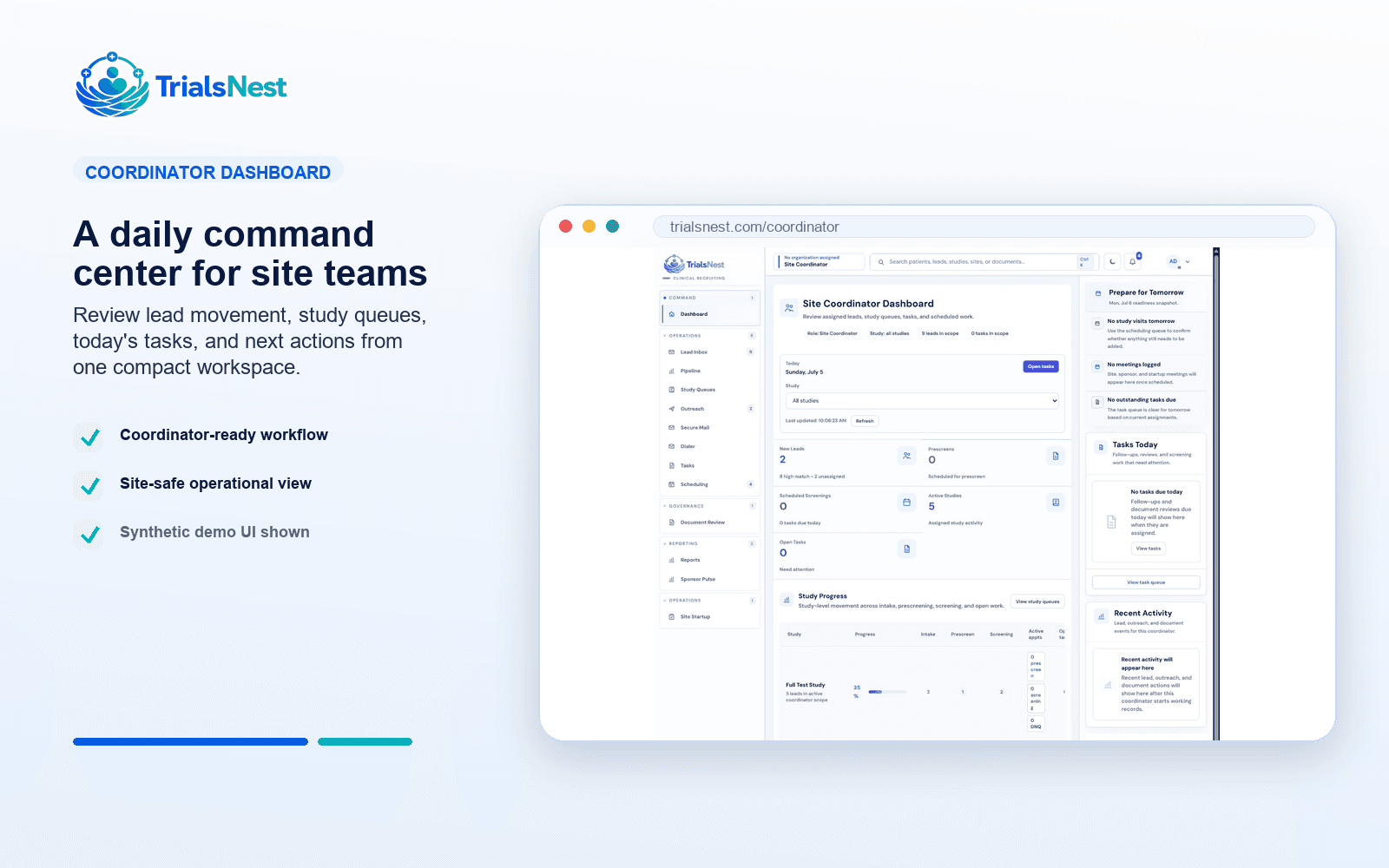 TrialsNest coordinator dashboard marketing view with study queues and next-action panels