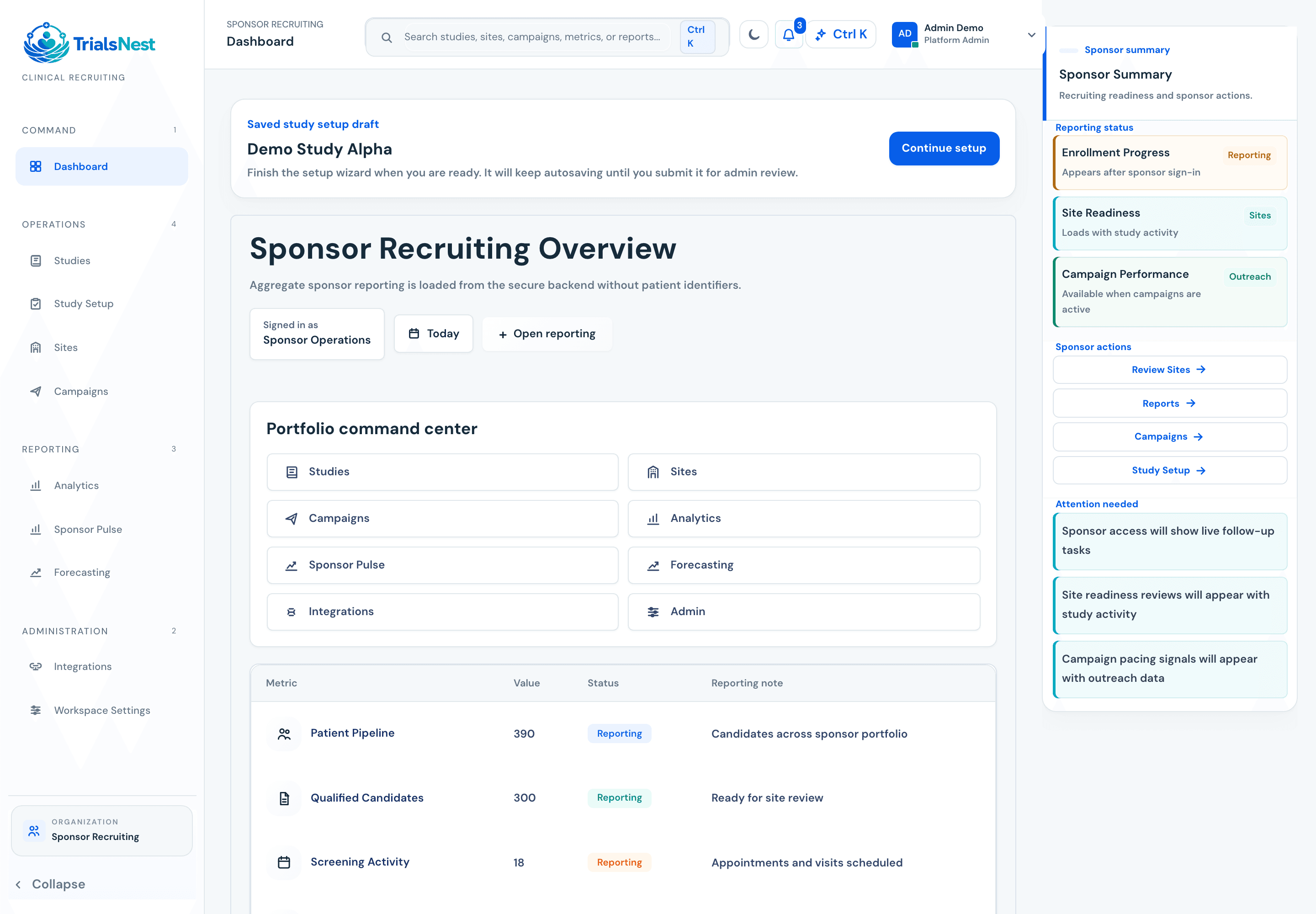 Example TrialsNest platform workspace using sample data.