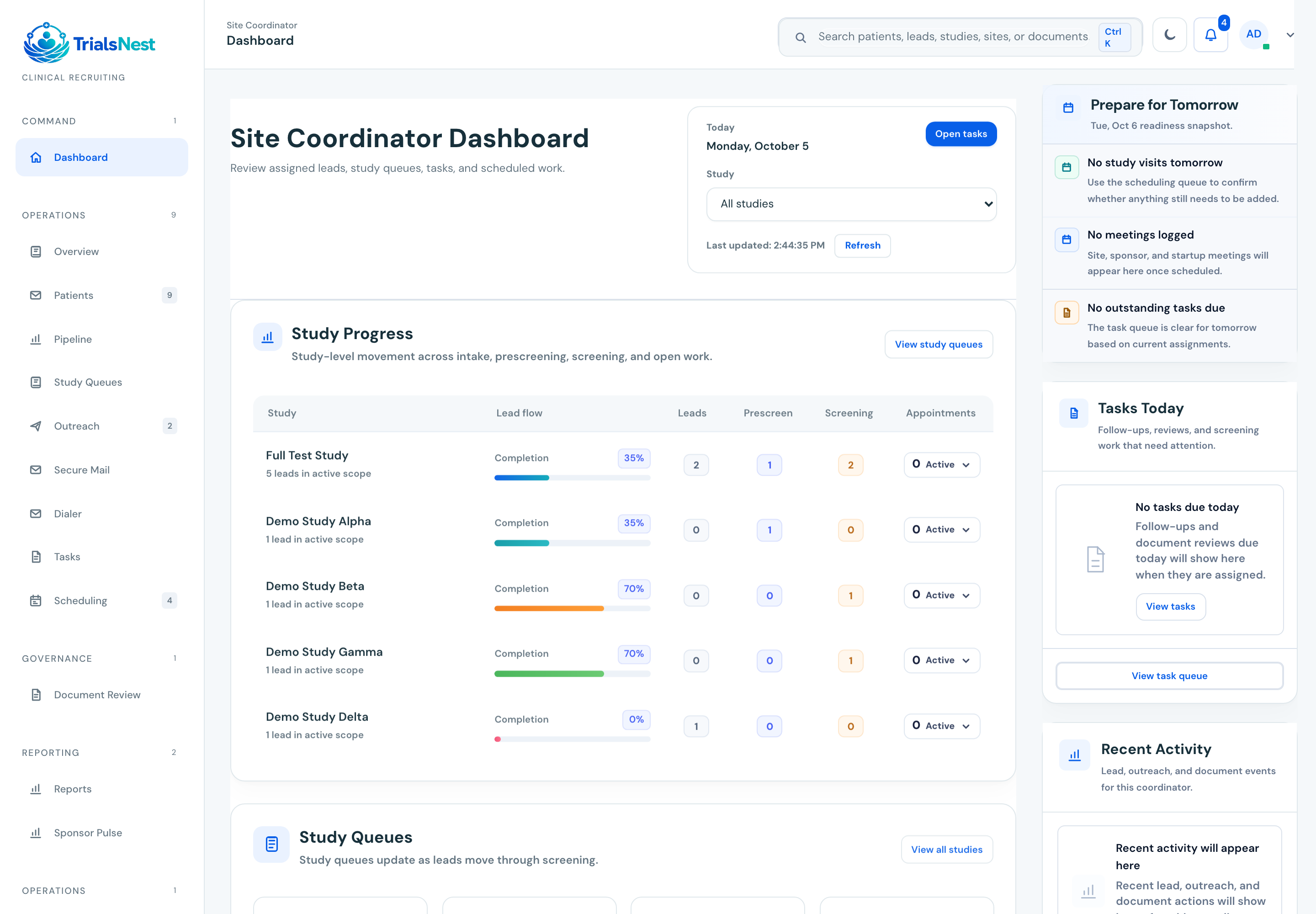 TrialsNest site coordinator dashboard showing queues, study progress, visits, and tasks with fictional sample data.
